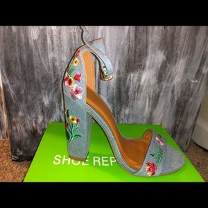 Lulu’s Floral Denim ankle strap high heels - 7.5